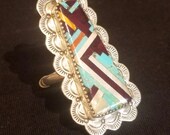 One Size Native American Santo Domingo one Size Adjustable Inlay Ring Unisex Sterling Silver Turquoise Spiny Oyster Shell