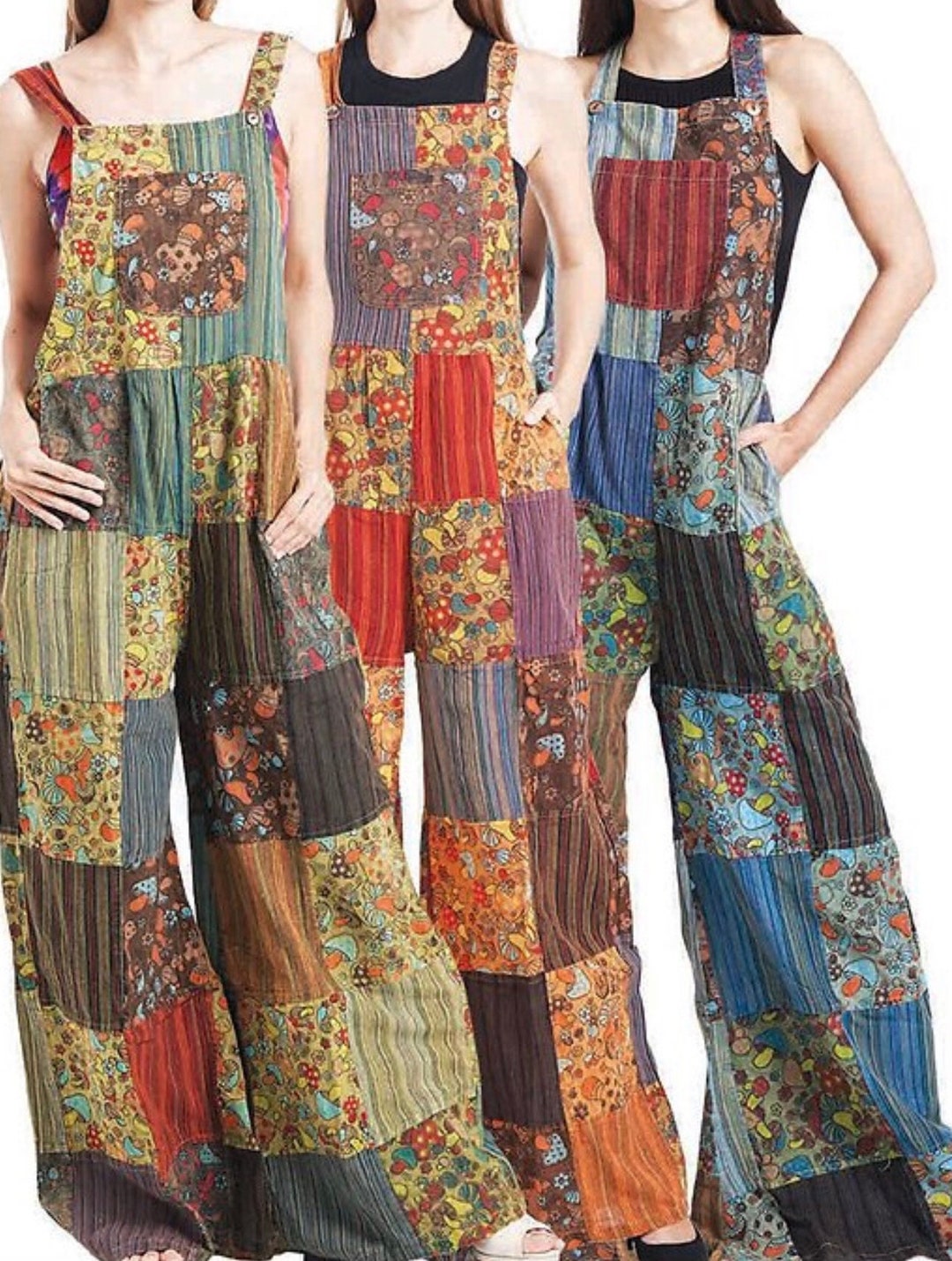 Hippie Patchwork Overall Mushroom Jumpsuit Festival Outfit Etsy