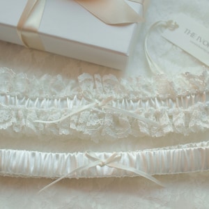 Ivory Lace Bridal Garter Set: Pearl Beaded Wedding Garters