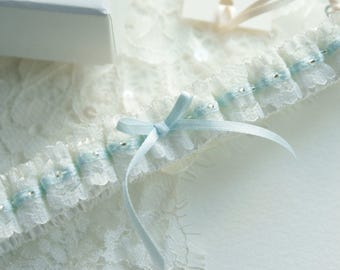 Ella satin and lace wedding bridal garter, ivory lace with blue detail, something blue, keepsake garter, blue ribbon, lace bridal garter.