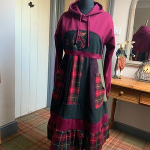 Ladies Upcycled Hooded Dress. Made From Preloved Fabrics