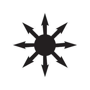 May include: Black and white illustration of a star with eight points, each point ending in an arrow. The center of the star is a solid black circle.