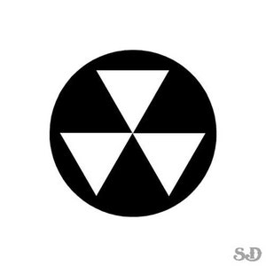 May include: Black and white symbol of three overlapping triangles inside a circle. The symbol is often used as a warning sign for radiation.