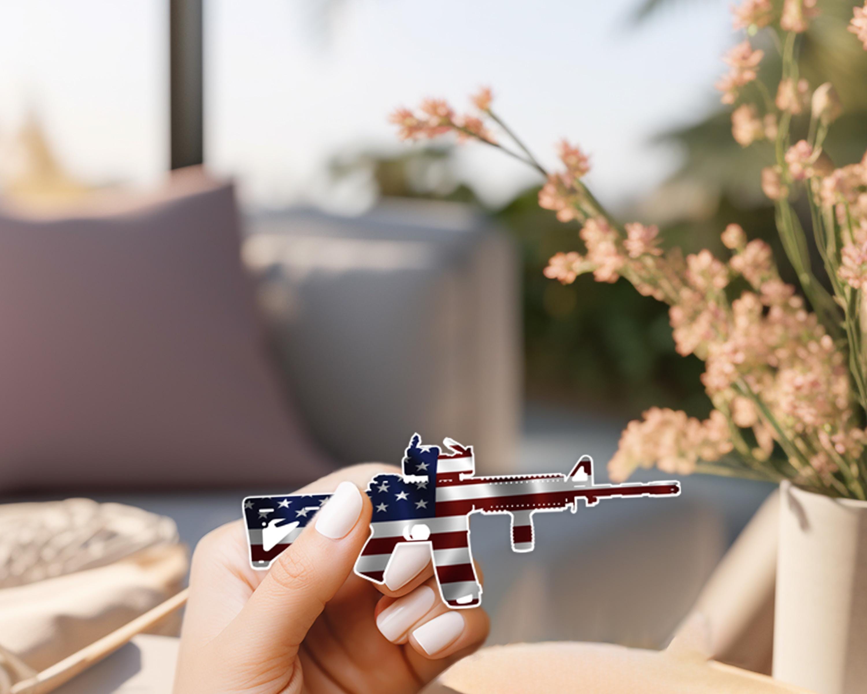 AR-15 Rifle American Flag Sticker - Patriotic Vinyl Decal For Car Truck 12x4 Inches