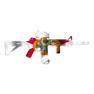 May include: A white silhouette of an assault rifle with the Florida state flag superimposed over it. The flag features a red cross on a white background with a yellow seal in the center.