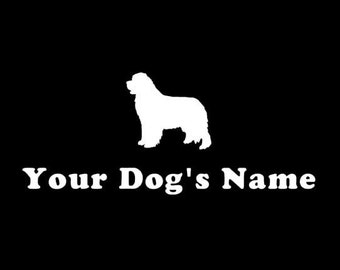 May include: White silhouette of a Newfoundland dog with the text "Your Dog's Name" below.  Copyright 2011 SouthernDecalz.