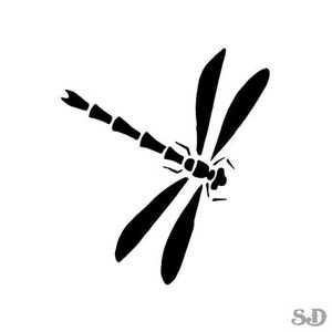 May include: A black silhouette of a dragonfly with its wings spread out. The dragonfly is facing to the right.
