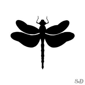 May include: Black silhouette of a dragonfly with wings spread out.