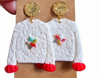 White and Red Sweater Textured Earrings- Polymer Clay/ lightweight/ Statement/ Trendy/ Simplistic/ Handcrafted/ Dangle/ Hoops/ Gold