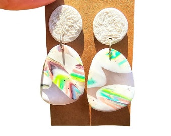 Pastel Color Textured Polymer Clay Earrings- Handcrafted lightweight/ Boho/ Nature/ Artisan/ Simplistic/ Neutral/ Statement/ Trendy/ White