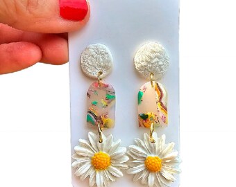 Daisy White Textured Polymer Clay Earrings- Handcrafted lightweight/ Boho/ Nature/ Handcrafted/ Artisan/ Simplistic/ Neutral/ Statement