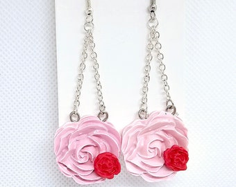 Pink & Red Rose Valentine's Day Earrings- Polymer Clay/ lightweight/ Statement/ Trendy/ Handcrafted/ Silver/ Valentines/ Dangles