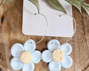 Light Blue Polymer Clay Flower Daisy Earrings/Hoops/ Handmade/ Spring/ Summer Jewelry/ Statement