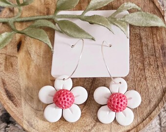 White and Pink Polymer Clay Flower Daisy Earrings/Hoops/ Handmade/ Spring/ Summer Jewelry/ Statement