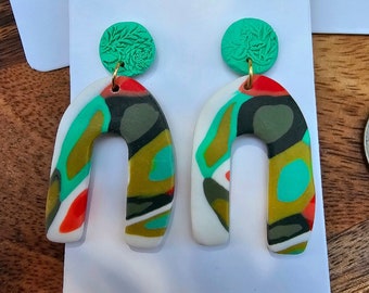Mint Colorful Textured Polymer Clay Earrings- Handcrafted lightweight/ Boho/ Nature/ Artisan/ Simplistic/ Statement Jewelry/ Olive/ Coral