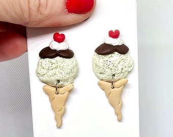 Mint Chocolate Ice Cream Cone Earrings- Polymer Clay/ lightweight/ Statement/ Handcrafted/ Whipped Cream/ Cherry/ Valentines Day Studs