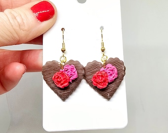 Chocolate Heart Pink & Red Rose Valentine's Day Earrings- Polymer Clay/ lightweight/ Statement/ Trendy/ Handcrafted/ Gold/ Dangles