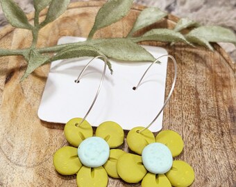 Green and Mint Polymer Clay Flower Daisy Earrings/Hoops/ Handmade/ Spring/ Summer Jewelry/ Statement