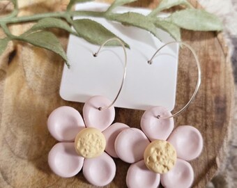 Light Pink Polymer Clay Flower Daisy Earrings/Hoops/ Handmade/ Spring/ Summer Jewelry/ Statement