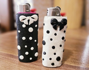 Black & White Bow POLKA DOT Lighter Case/ Cover/ Sleeve/ Bic Lighter Case/ Polymer Clay/ Handcrafted/ Unique