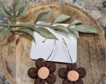 Burgandy and Peach Polymer Clay Flower Daisy Earrings/Hoops/ Handmade