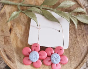 Pink and Purple Polymer Clay Flower Daisy Earrings/Hoops/ Handmade/ Spring/ Summer Jewelry/ Statement