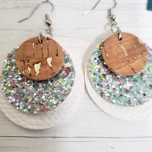 Boho Leather Earrings, Faux Leather Earrings, White / Glitter / Cork with Gold Flecks Leather Round Circle Earrings, Double sided