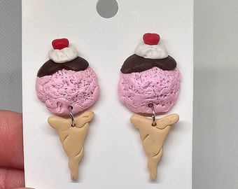 Strawberry Ice Cream Cone Earrings- Polymer Clay/ lightweight/ Statement/ Trendy/ Handcrafted/ Whipped Cream/ Chocolate/ Cherry/ Valentines