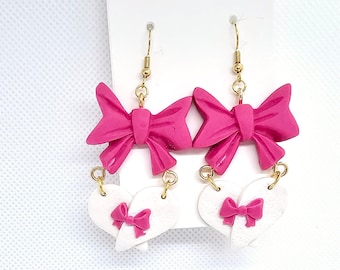 Pink & White Bow Heart Valentine's Day Earrings- Polymer Clay/ lightweight/ Statement/ Trendy/ Handcrafted/ Gold/ Valentines/ Hot Pink