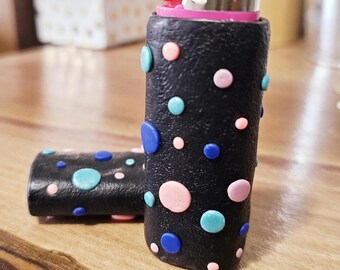 CUTE Black with POLKA DOTS Lighter Case/ Cover/ Sleeve/ Bic Lighter Case/ Polymer Clay/ Handcrafted/ Unique