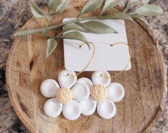 White Polymer Clay Flower Daisy Earrings/ Gold Colored Hoops/ Handmade/ Spring/ Summer Jewelry/ Statement