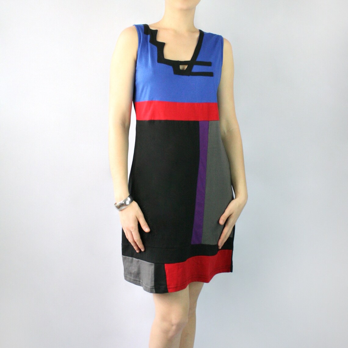 POPPIE CALIFORNIA COLORS MONDRIAN HAND WOVEN COTTON PATCHWORK DRESS main image 1