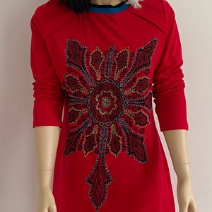 Red long sleeves fancy cotton dress