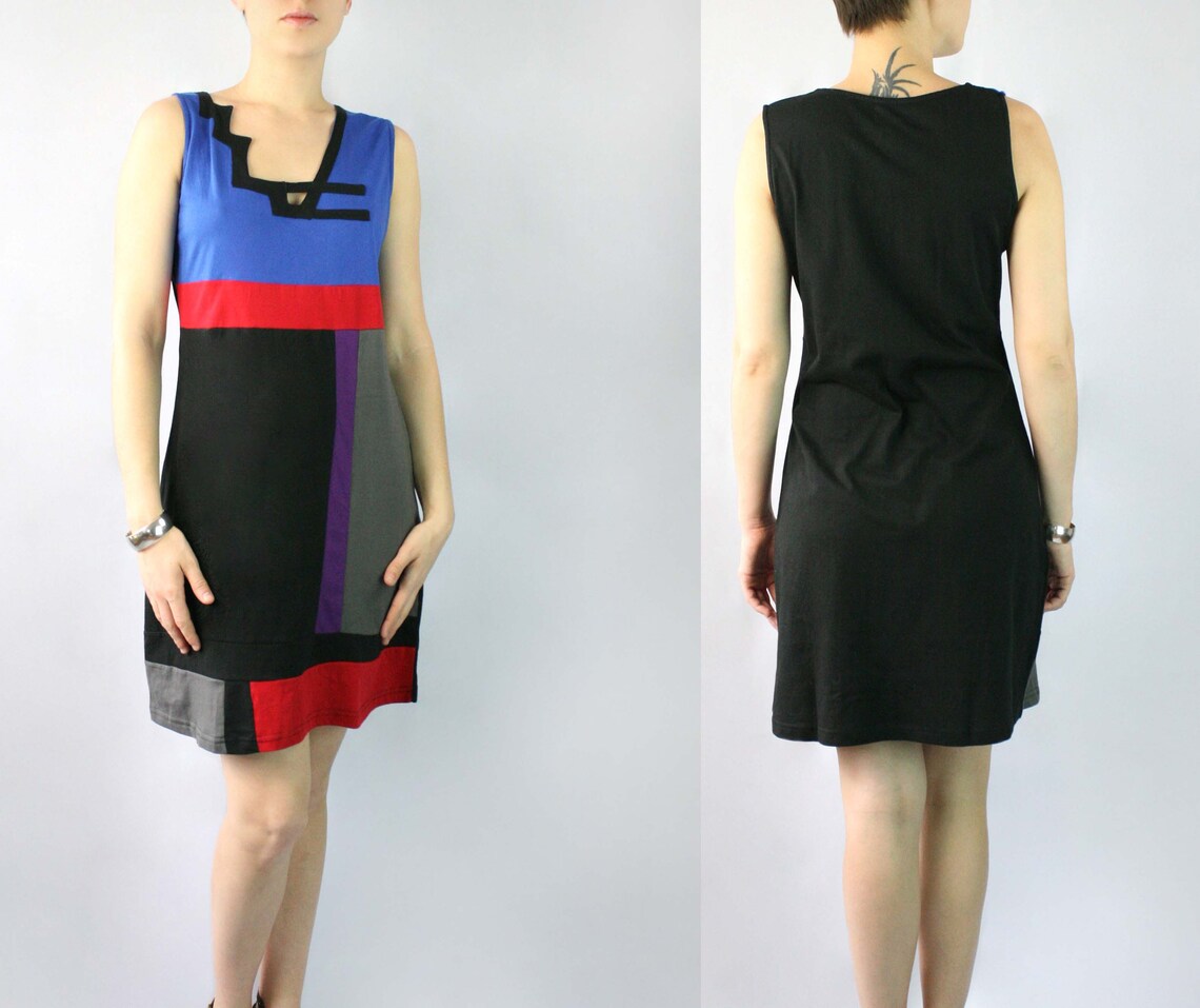 POPPIE CALIFORNIA COLORS MONDRIAN HAND WOVEN COTTON PATCHWORK DRESS main image 0