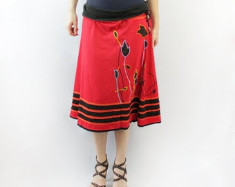 Beautiful Red Midi Cotton Skirt w/ Flower Patches