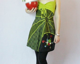 Green Rising Sun Spaghetti Straps Cotton Dress