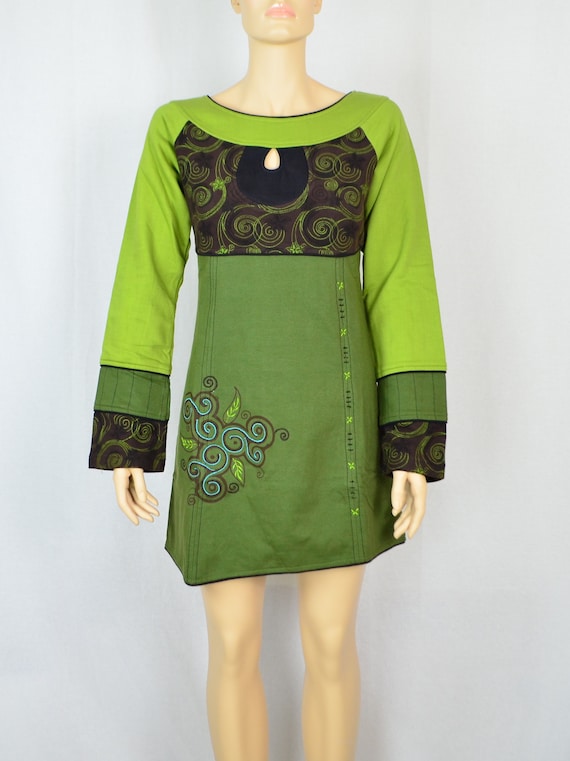 Green Multi-Pattern Cotton Sweater Dress/Tunic
