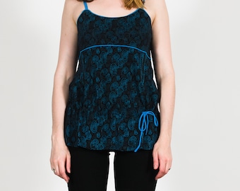 Blue Black Floral Spaghetti Strap Top, Cotton Tie Detail