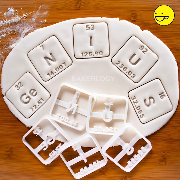 GeNIUS and NErDy cookie cutters - Periodic table elements inspired Germanium Nitrogen Iodine Uranium Sulfur with atomic number & weight