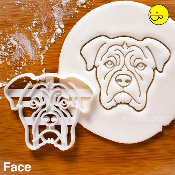 Emporte-pièce visage de boxeur | Bakerlogy biscuit fondant argile Molosser chien traite chenil canin Sauvetage vétérinaire adoption lecteur mignon cadeau vétérinaire