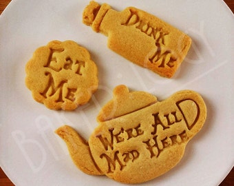 Alice Adventures in Wonderland themed Cookies Cutters - Eat Me, Drink Me, We Are All Mad Here Teapot