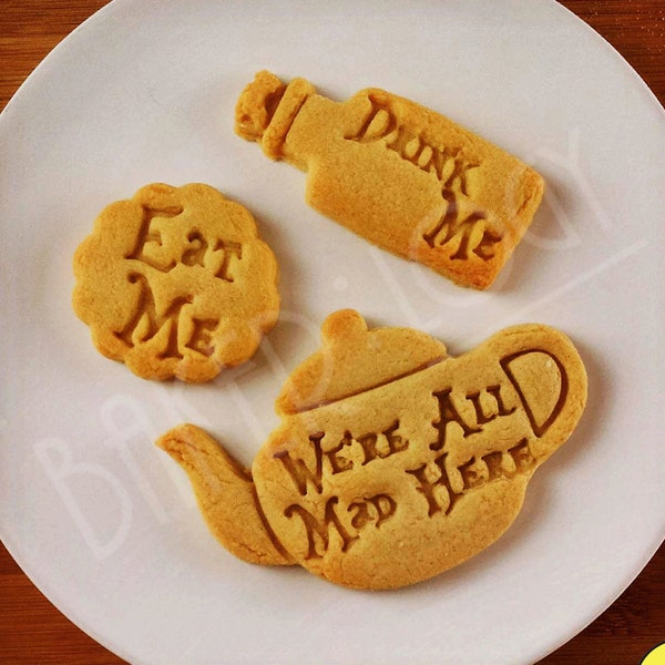 Alice Adventures in Wonderland themed Cookies Cutters - Eat Me, Drink Me, We Are All Mad Here Teapot