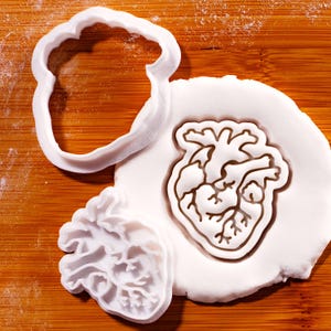 May include: White plastic heart-shaped cookie cutter and a heart-shaped cookie. The cookie cutter is next to a heart-shaped cookie pressed into white dough. The cookie cutter is approximately 10 cm wide.