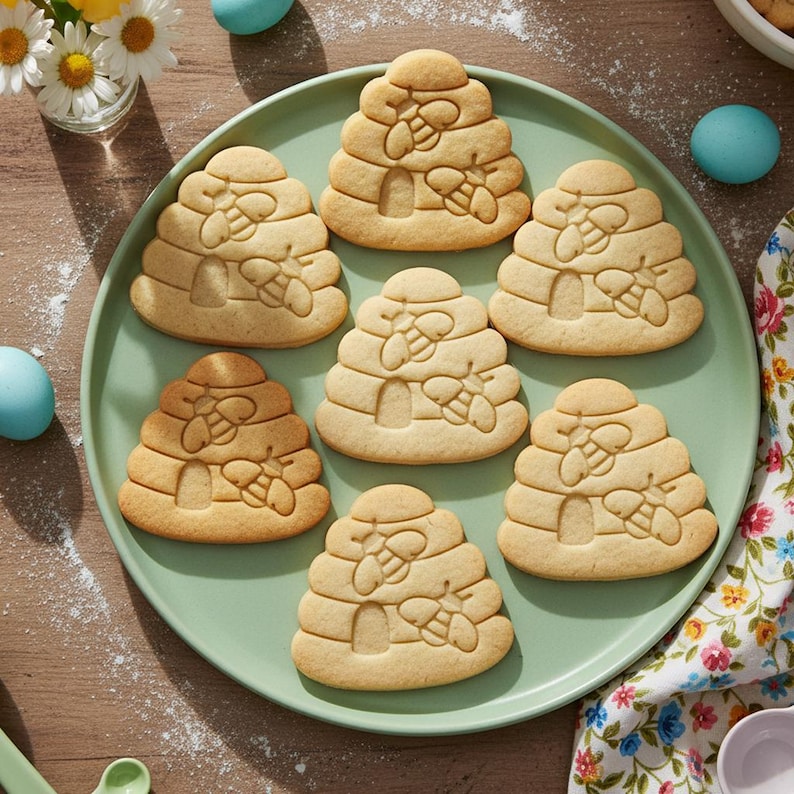 K&ouml;nnte beinhalten: Sieben hellbraune, kuppelf&ouml;rmige Kekse auf einem runden, salbeigr&uuml;nen Teller. Jeder Keks zeigt ein gepr&auml;gtes Design eines Bienenstocks mit einem kleinen gew&ouml;lbten Eingang an der Basis und einer Biene an der Seite des Bienenstocks.