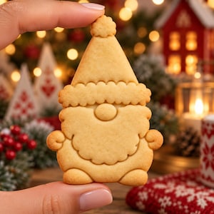 May include: A light tan, baked sugar cookie shaped like a gnome with a tall pointed hat, a round nose, and a full beard. The cookie features embossed details defining the hat brim, facial features, and rounded feet, with a smooth, matte texture.