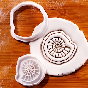 Peut inclure: Emporte-pièces en plastique blanc en forme de fossile en spirale, avec une empreinte sur de la pâte blanche. Les emporte-pièces sont sur une surface en bois, suggérant un thème de pâtisserie ou d'artisanat. Le design est détaillé et précis.