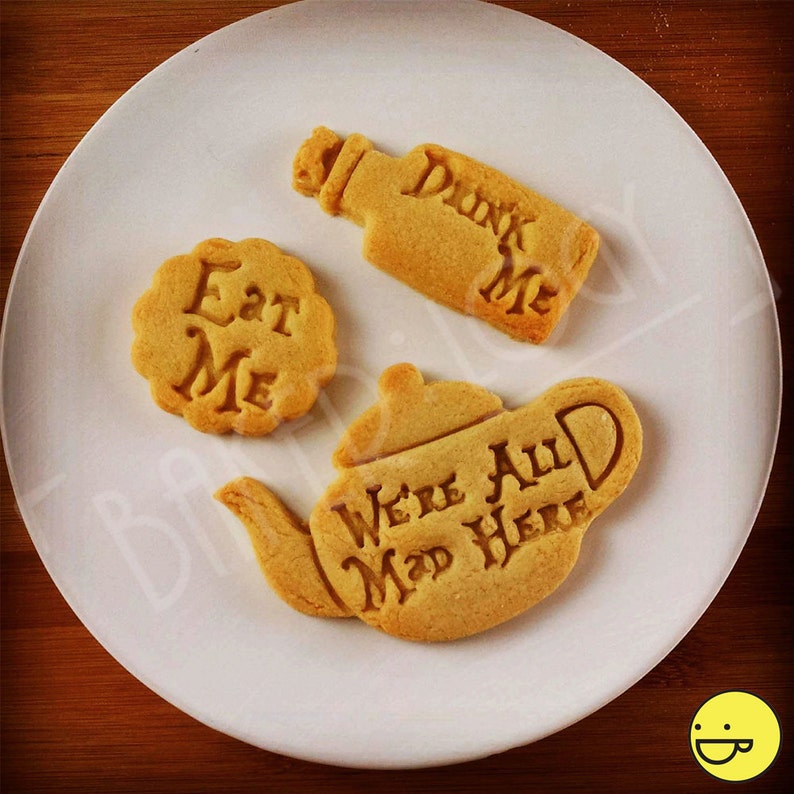 Alice Adventures in Wonderland themed Cookies Cutters - Eat Me, Drink Me, We Are All Mad Here Teapot 