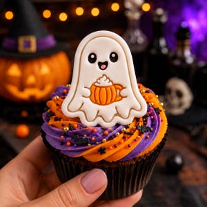 Op de afbeelding: Een chocoladecupcake met een swirl van paarse en oranje glazuur, versierd met zwarte ster- en vleermuisstrooisels en een wit koekje in de vorm van een geest die een oranje pompoenmok met witte slagroom vasthoudt.