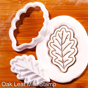 May include: White plastic oak leaf cookie cutters and stamp on a wooden surface. The set includes a large outline cutter, a small leaf cutter, and a stamp with a detailed leaf design. The text "Oak Leaf Mini Stamp" is visible.