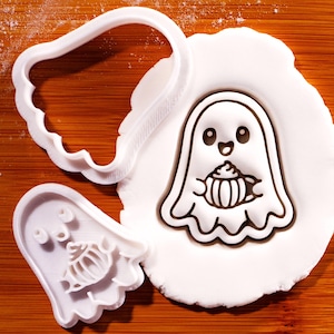 Ghost with Spiced Latte Mini Cookie Cutter & Stamp - Halloween Baking, Trick or Treat Party